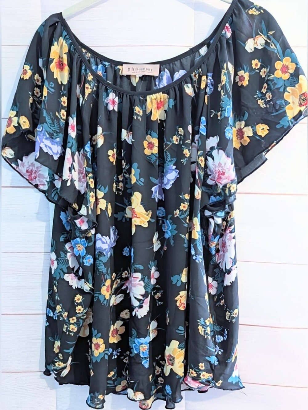 Philosophy Black Floral Summery Off-Shoulder Ruffle Blouse Plus Size 2X